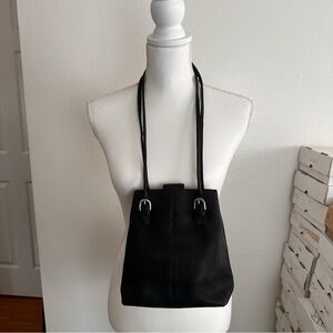 Classic Black Leather Bucket Bag with Double Strap